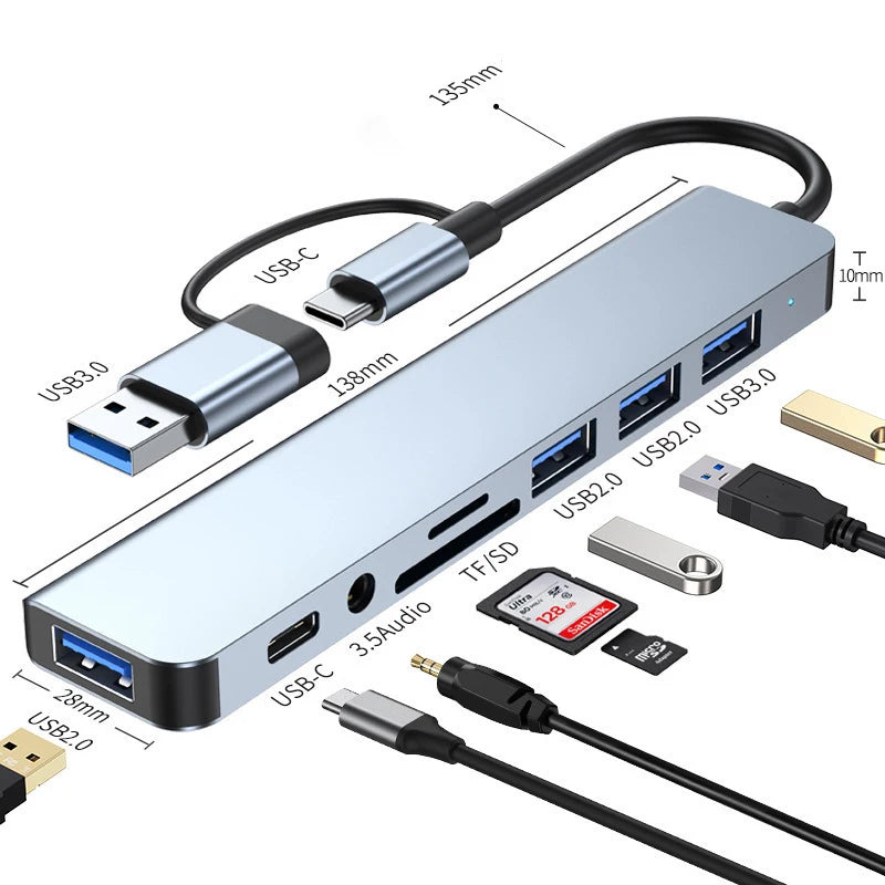 8-in-2 USB-C hub with SD reader and audio jack - product photo