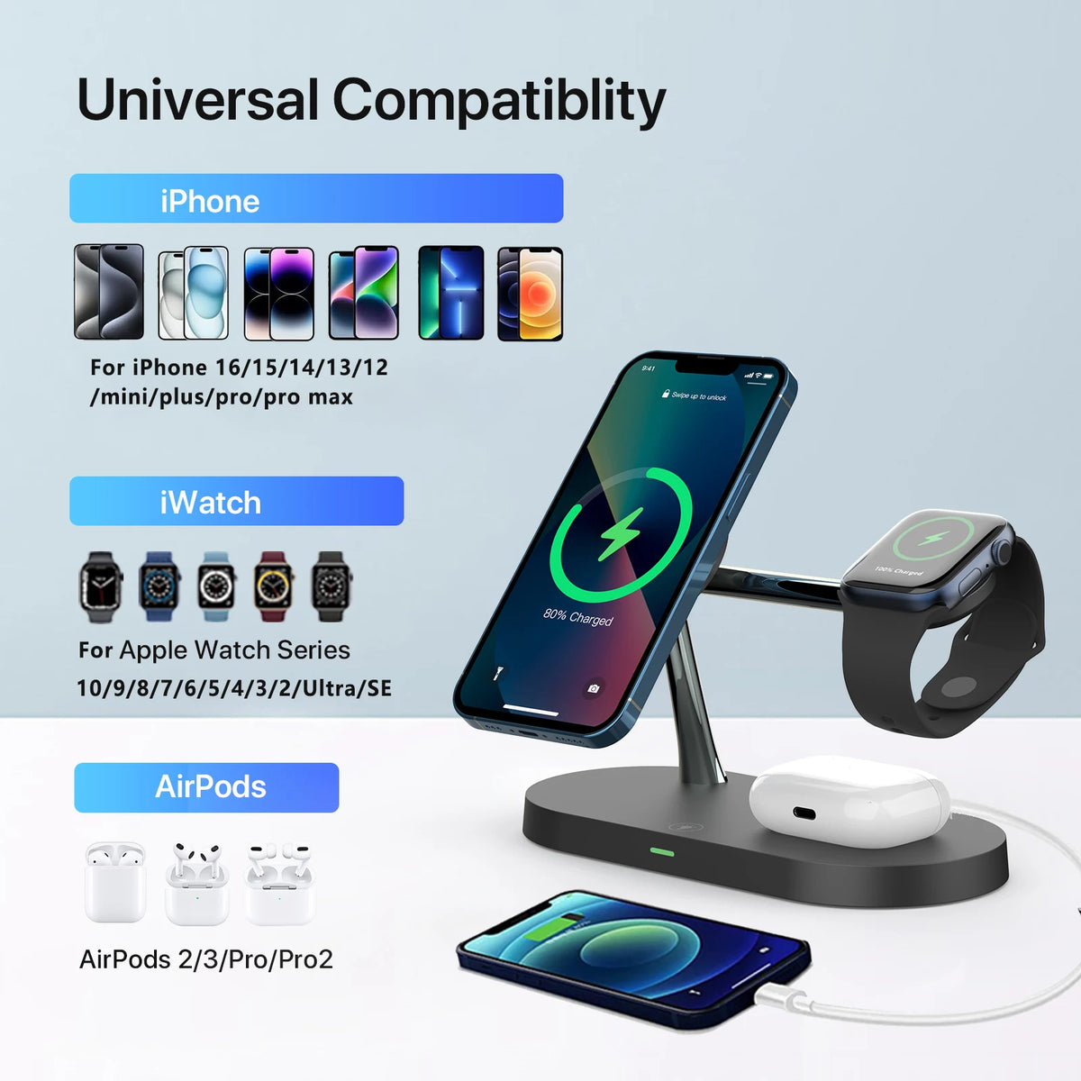 3-in-1 wireless charging station for compatible devices product image - view 3